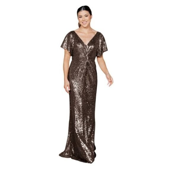 Revelry Gwen Sequin Flutter Sleeve Gown in Mocha 10 - Picture 1 of 12